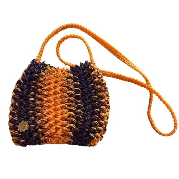Handmade Crocheted Purse Handbag Brown/Orange with One Floral Piece Attached Vtg - Picture 4 of 11